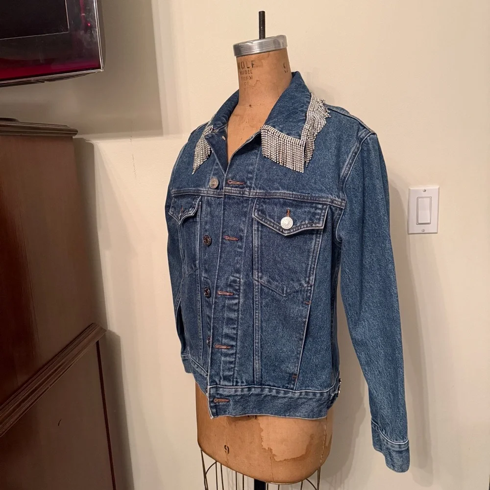 Sandro Noemie Rhinestone Fringe Denim Trucker Jacket - Picture 4 of 9